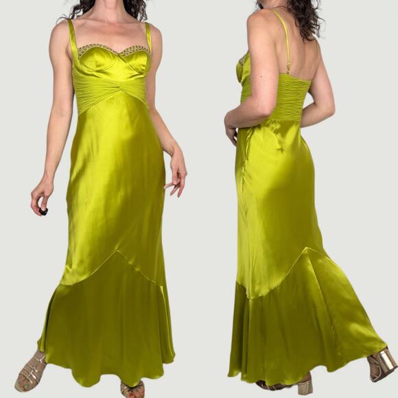 Adrianna Papell silk corset dress maxi gown long prom formal evening chartreuse - Picture 3 of 17